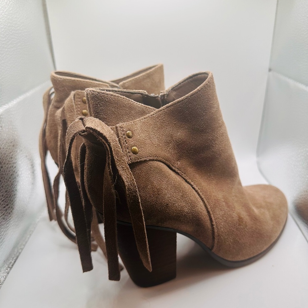 Fringe Suede Ankle Bootie in Taupe